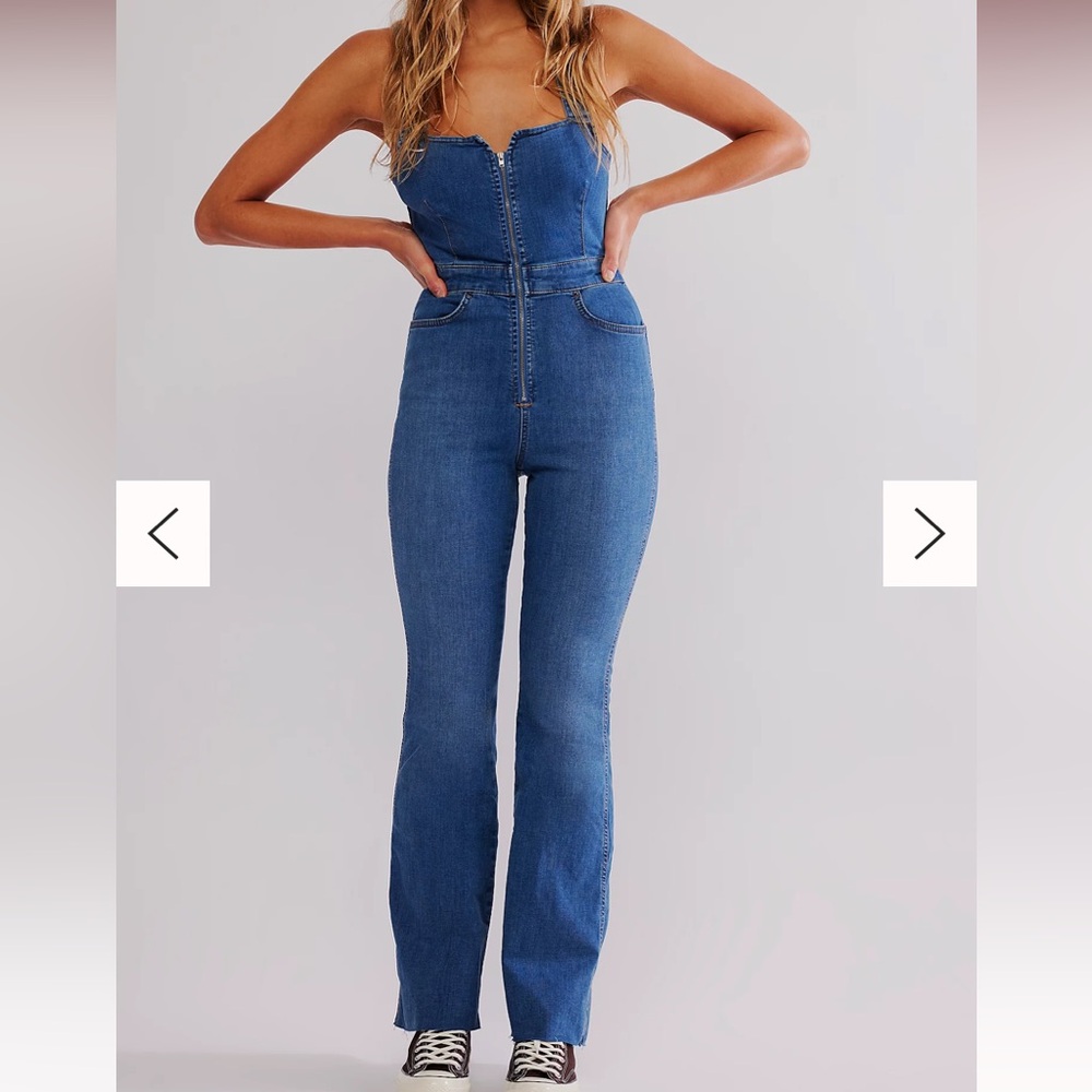 Free People CRVY 2nd Ave One Piece Blue Jean Denim Jumpsuit, NWT
